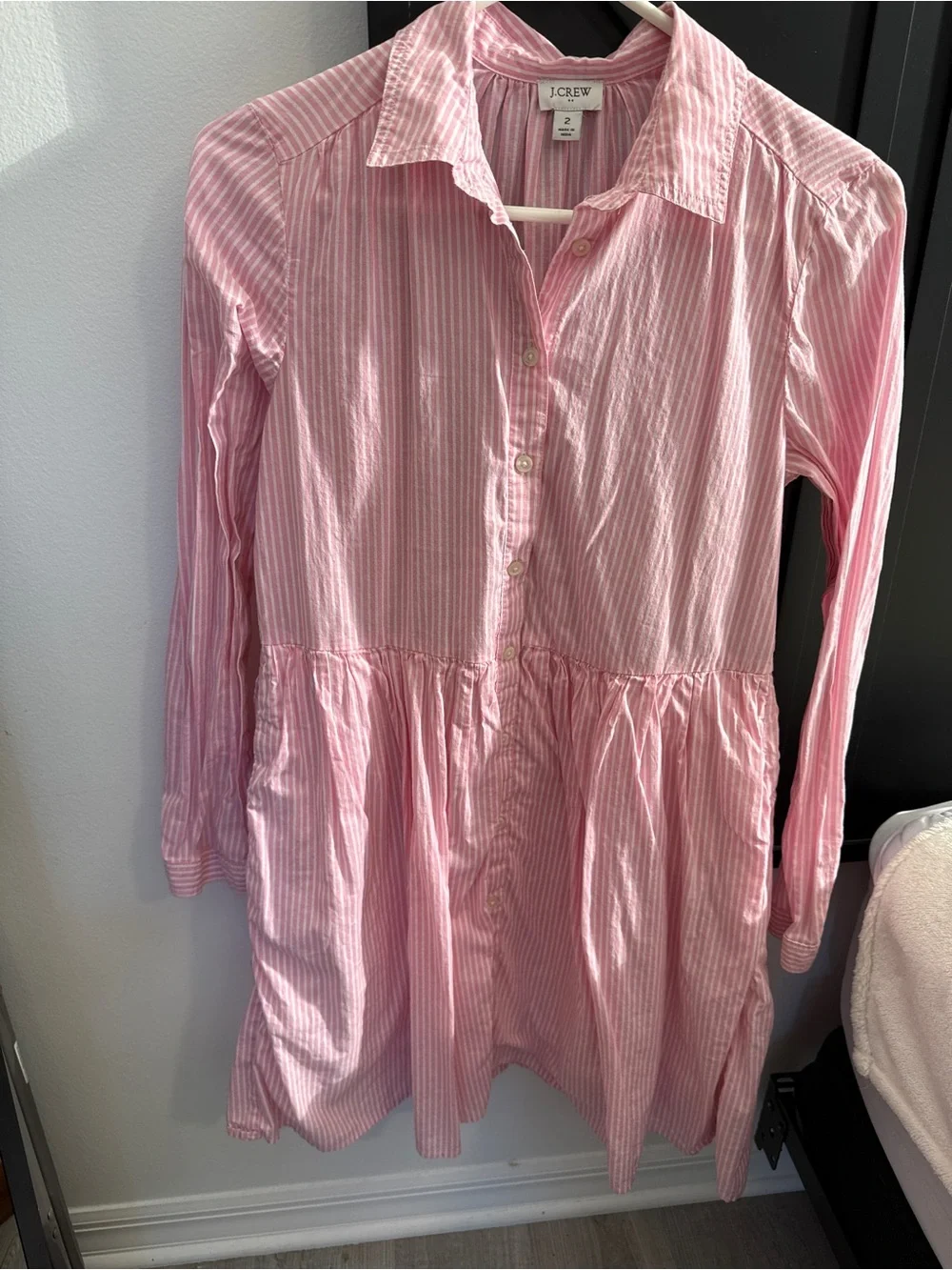 J. Crew Pink White Striped Cotton Shirtdress Lined Mini Size 2 Long Sleeve